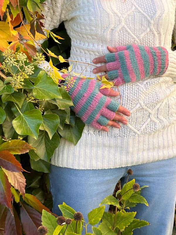Fingerlose Handschuhe Gestreift  Schurwolle Rosa Türkis - LAHAN C-72 Im Angebot