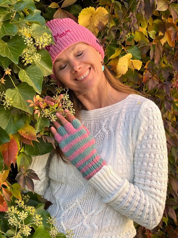 Fingerlose Handschuhe Gestreift  Schurwolle Rosa Türkis - LAHAN C-72 Im Angebot – Bild 4