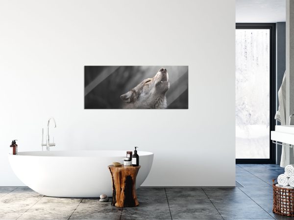 Heulender Wolf Nahaufnahme B&W Detail, Glasbild Panorama Mode – Bild 4