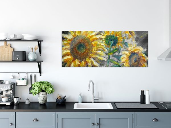 Sonnenblumen vor blauem Hintergrund B&W Detail, Glasbild Panorama Jetzt online – Bild 3
