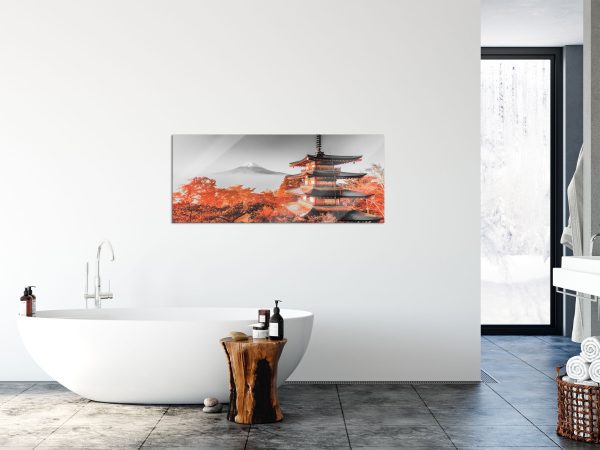 Japanischer Tempel in bunten Baumwipfeln B&W Detail, Glasbild Panorama Jetzt online – Bild 4