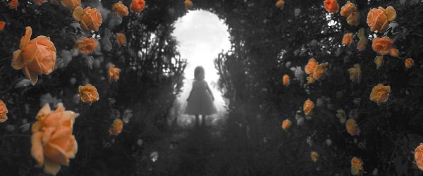 Kleines Mädchen in Rosentunnel B&W Detail, Glasbild Panorama Rabatt – Bild 5